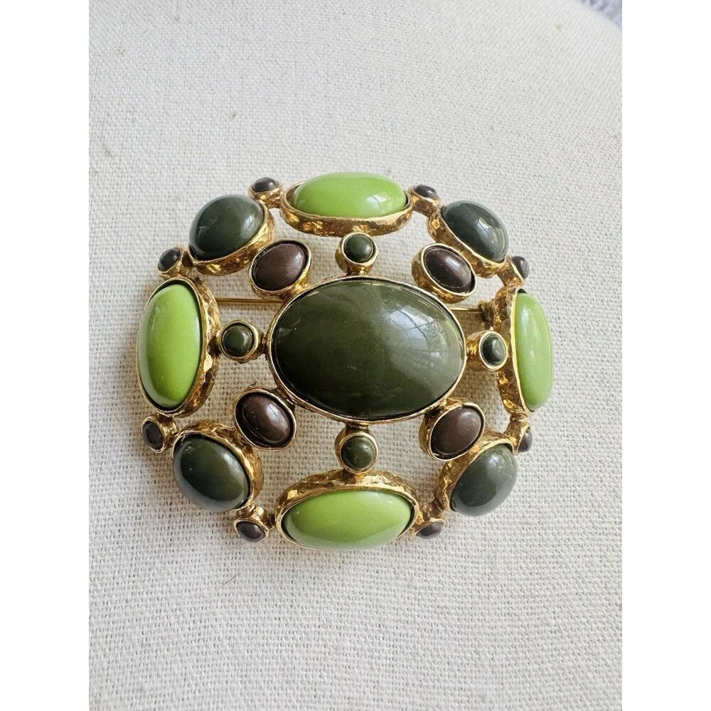 Vintage Mod Green Brown Cabochon Gold Tone Brooch Pin Statement